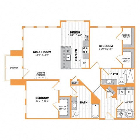 Floor plan for 2 beds, 2 baths, 1256 sqft